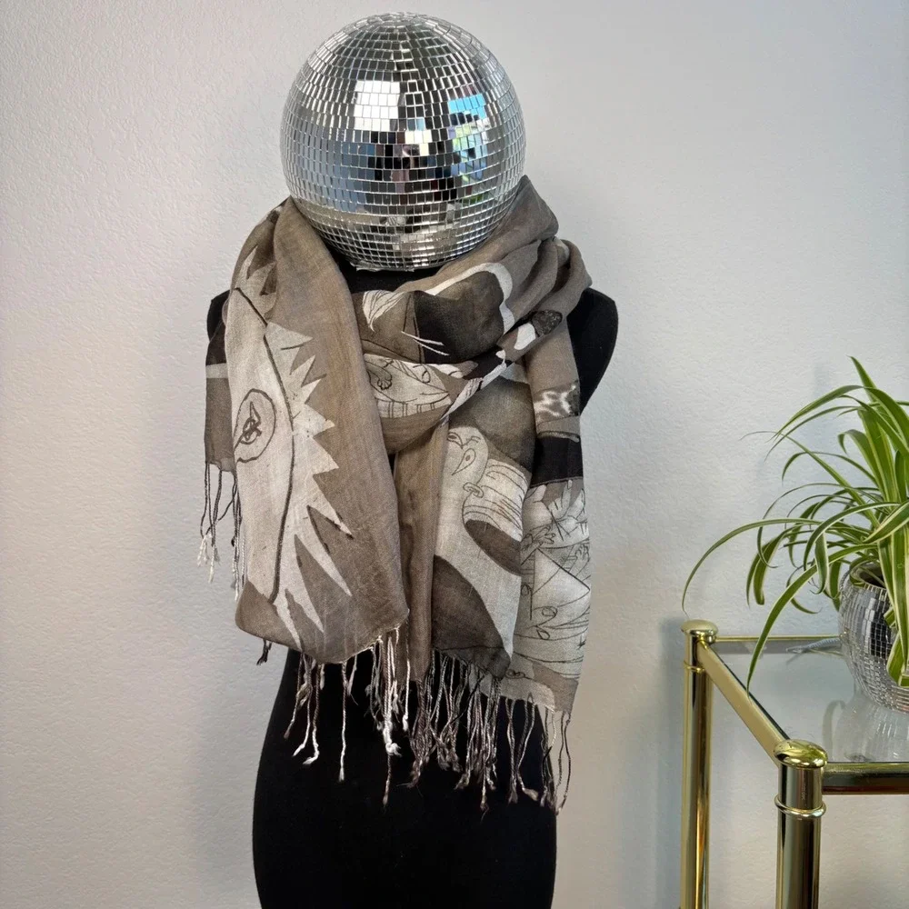 Picasso Guernica Print Scarf, Taupe Black Oversized Rectangle Silk Cotton Blend